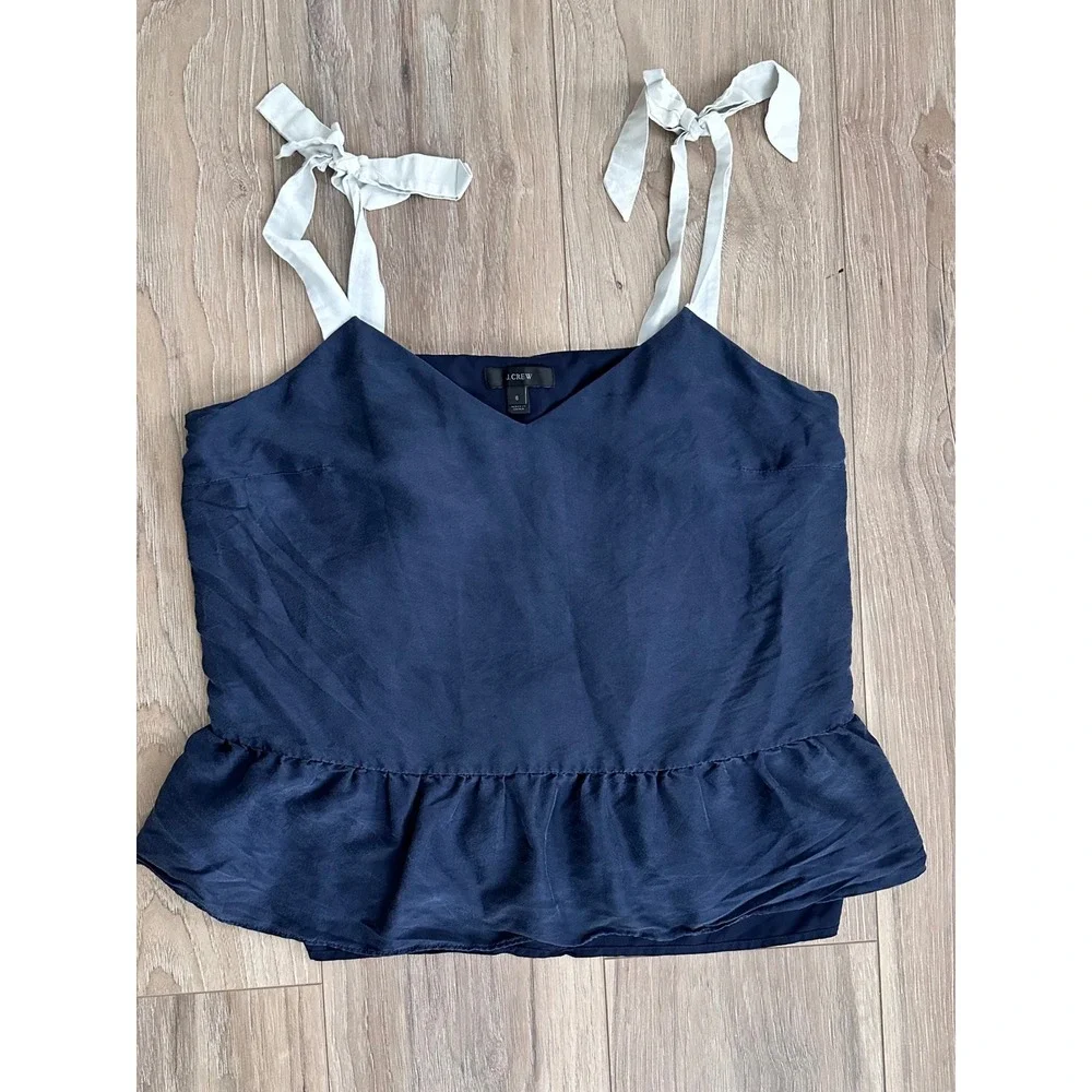 J.Crew Navy 100% Silk Tie Shoulder Peplum Camisole 6 Casual Romantic Feminine